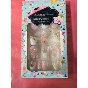 24pc Pink White Floral Press On Nails Rhinestone Pearl French Tip Set